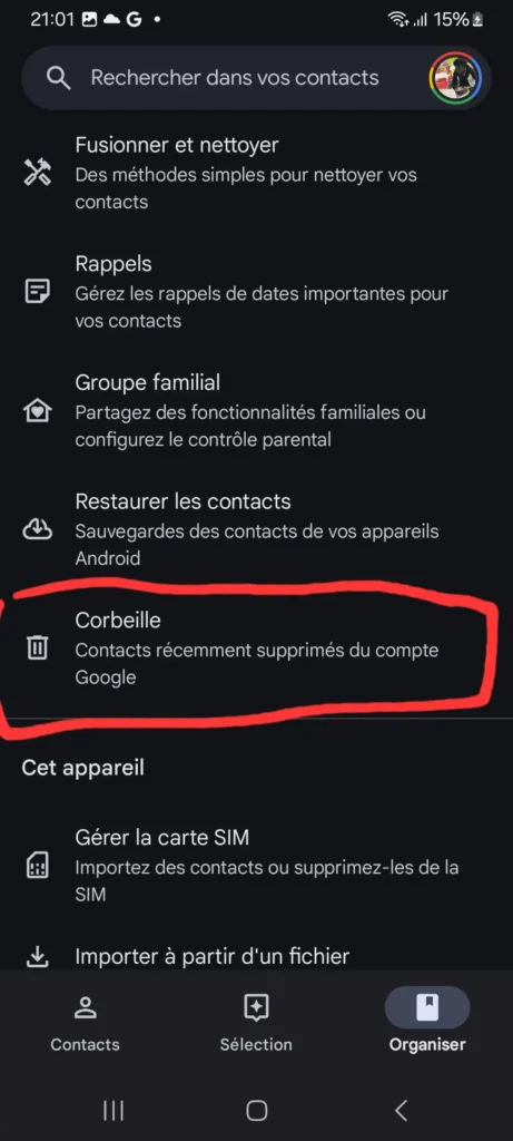 Comment restaurer les contacts supprimés dans Gmail et Google Workspace ? 4 sélectionner "Corbeille"